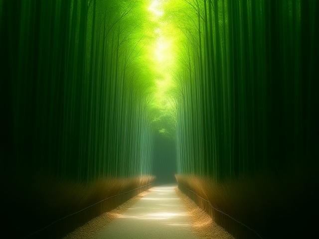 竹林の小道を通る旅人、静かで神秘的な雰囲気