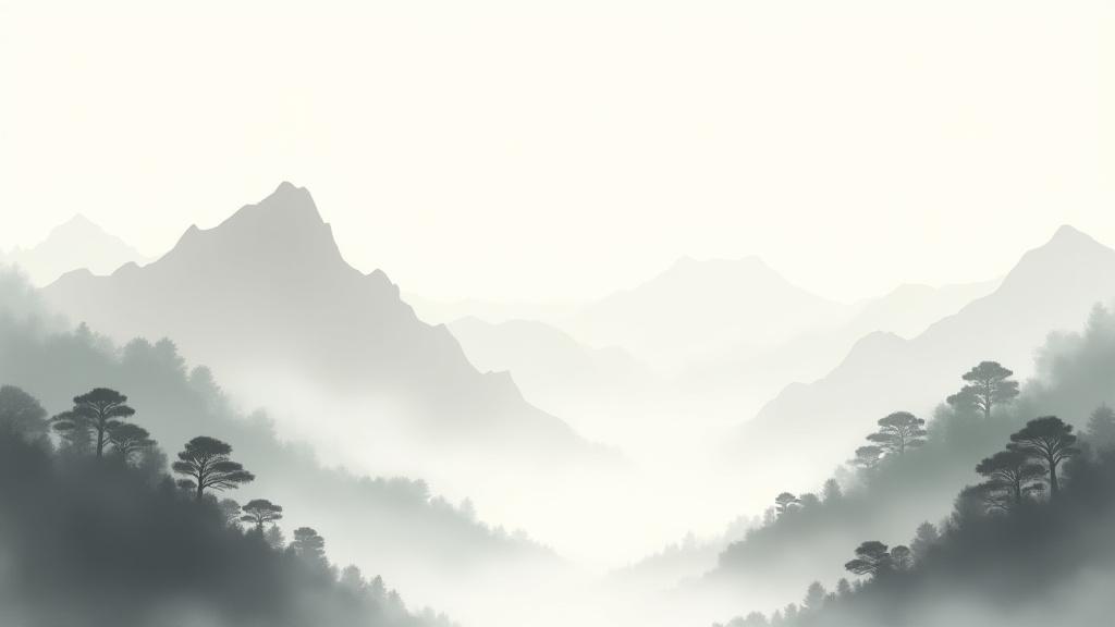 日本の水墨画風の山々を描いたイラスト。MythoPathのサービス概要を表す、広大で静かな風景。